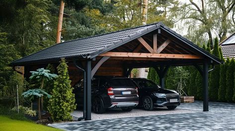 Double Carport with Bungalow-Style Chevron Roof Diy Carport Ideas, Free Standing Carport, Carport Addition, Carport Makeover, Wooden Carports, Building A Carport, Modern Carport, Carport With Storage, Diy Carport