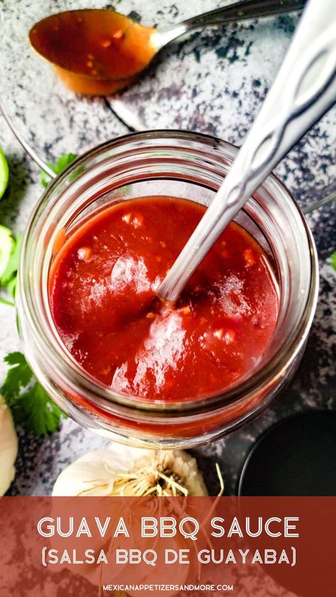 This sweet, tangy, savory Guava BBQ Sauce (Salsa BBQ de Guayaba) will change your barbecue game this summer. It's delicious on grilled meats, grilled vegetables, used as a dipping sauce, marinade or as a glaze. Ready in 15 minutes! #guavabbqsauce #salsabbqdeguayaba #guavarecipes #guayaba #salsadeguayabaparacarnes #quesofritoconsalsadeguayaba #salsadeguayaba Guava Bbq Sauce, Guava Pastry, Guava Recipes, Pork Kabobs, Pork Ribs Grilled, Mexican Appetizers, Garlic Puree, Grilled Meats, Bbq Sauce Recipe