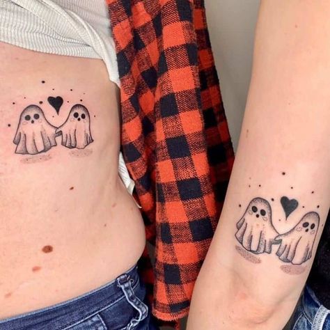 4. Ghost friends Ghost Tattoo Placement Ideas, Sheet Ghost Cat Tattoo, Couples Ghost Tattoos, Small Cute Ghost Tattoos, Two Ghosts Tattoo, Matching Ghost Tattoos, Mini Ghost Tattoo, Ghost Tattoo Ideas, Ghost Tattoos