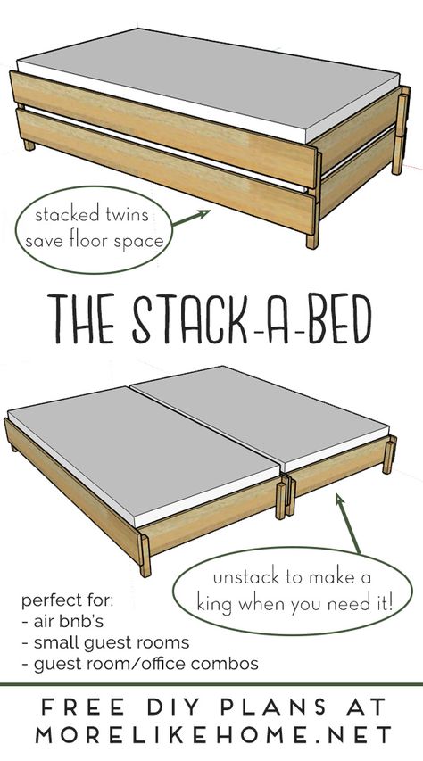 Free plans! Build your own stack a bed. Two twin beds stack to save floor space, then unstack for double twin beds or convert to a king bed for guests! Build Bed Frame, Double Twin Beds, Diy Twin Bed, Restauration Hardware, Small Guest Rooms, Diy Daybed, Two Twin Beds, Murphy Bed Diy, Guest Room Office