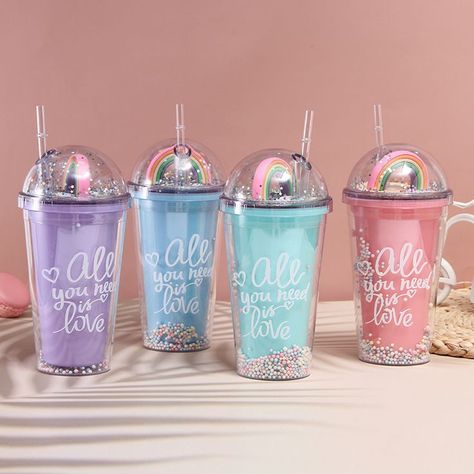 Rainbow Cover Plastic Cold Drink Cups Plastic Cups Design, Bff Cards, Rainbow Bubbles, Stationary Items, Straw Cup, Plastic Tumblers, Custom Tumbler, Cold Drink, Sippy Cup