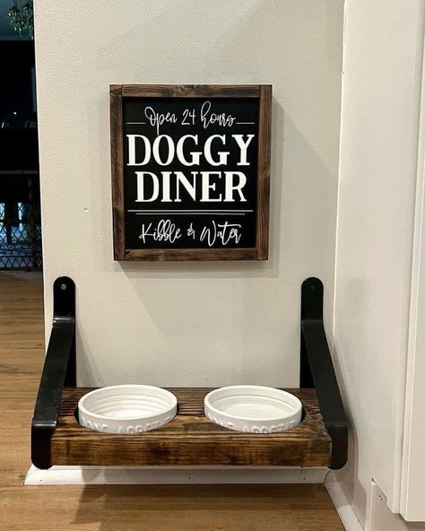 Dog Eating Station In Kitchen, Doggie Food Station, Dog Food Decor Ideas, Doggie Diner Sign, Dog Eating Area Decor, Decorating House Ideas, Dog Spot In House, Forever Home Must Haves, New House Decorating Ideas Budget