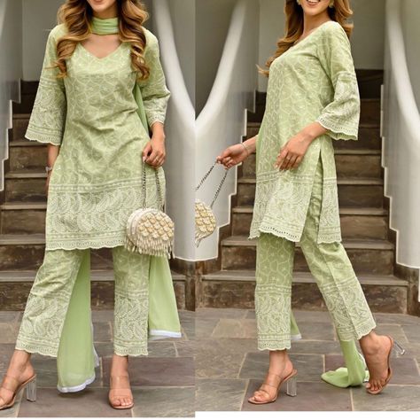 Straight Pants Design For Kurti, Kurta Pants For Women, Green Chikankari Kurta, Pants Design For Kurti, Cotton Chikankari Kurta, Types Of Dresses Styles, Chikankari Kurta Set, V Neck Kurta, Sewing Hand