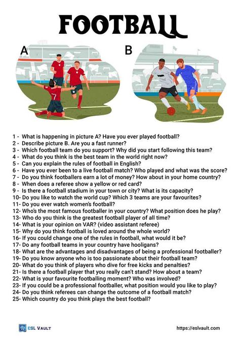 football conversation questions Football Worksheets, Duolingo Test, Group Questions, Speaking Topics, Speaking Cards, Speaking Activity, Conversation Questions, Speaking Practice, English Speaking Practice