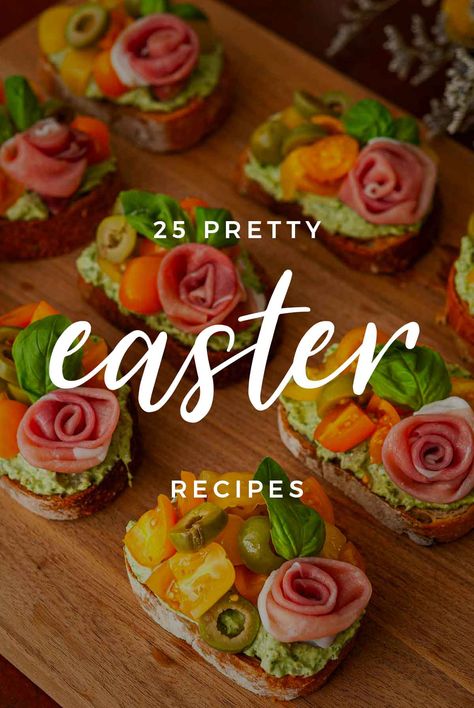 These 25 pretty Easter recipes include elegant entrees, delightful sides, colorful appetizers, floral cocktails, and charming desserts too! Savoury Easter Treats, Tea Party Main Dish, Easter Recipes Ideas Appetizer, Easter High Tea Ideas, Easter Menus Ideas, Festive Easter Food, Easter Dinner Ideas Sides Appetizers, High End Tea Party, Easter Catering Ideas