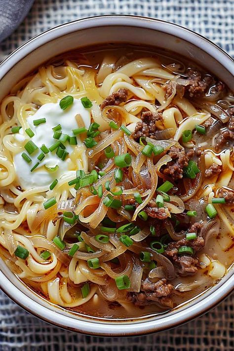 French Onion Beef And Noodles, Beef And Noodles Crockpot, French Onion Beef, Quick Soup Recipes, Quick Soup, Soups Stews Chilis, French Onion Soup Recipe, Beef Noodle Soup, Beef Stew Meat