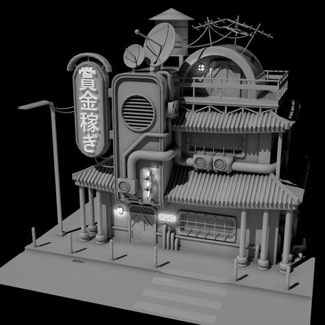 Houses Concept Art, Cyberpunk House, Cyberpunk Building, Art Deco Logo, Maya Modeling, Japanese Houses, Japan House, House Concept, Steampunk House