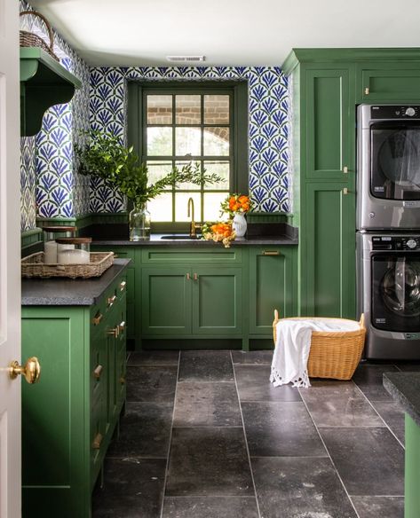 Green Paint Colors 2020 - Interiors By Color. Benjamin Moore Peale Green Andrew Howard, Green Kitchen Designs, Veranda Magazine, Green Laundry, South Carolina Homes, Mud Rooms, Green Kitchen Cabinets, Green Cabinets, Blue Kitchen