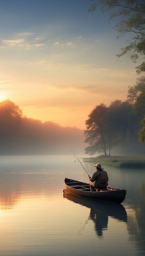 Fisherman Painting, Fishing Aesthetic, Fishing Landscape, Boat On A Lake, Boat On Water, Boat On Lake, Fly Fishing Photography, Happy Video, Man Fishing