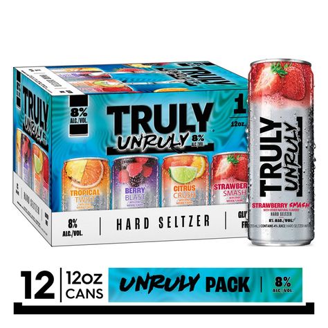 Introducing the NEW! Truly Unruly Variety Pack, which features four turned up 8% ABV flavors: Tropical Twist, Berry Blast, Citrus Crush and Strawberry Smash! Whoever said "nothing good happens after dark" clearly hasn't tried Truly Unruly. Think of it as the cooler cousin of everyone's favorite hard seltzer – sure, it's got the family genes (refreshment, light flavor, 12 fluid ounces), but that’s where the similarities stop. It's turned up to 8% ABV and is always ready to bring the fun! Truly Un Truly Alcohol, Spiked Seltzer, Alcohol Packaging, Strawberry Juice, Gummy Worms, Berry Juice, Tropical Twist, Hard Seltzer, Alcohol Content