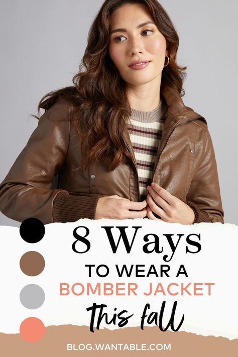 Pinterest image for how to style a bomber jacket. Brown Bomberjack Outfit Women, Black Bomberjack Outfit Winter Women, Bomer Jacket, Jacket Outfit Women, Bomber Jackets, Athletic Outfits, How To Style, Active Wear For Women, In Time