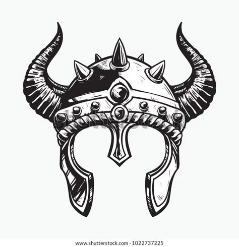 Viking Helmet Tattoo Design, Viking Hat Drawing, Viking Helmet Drawing, Viking Helmet Tattoo, Traditional Viking Tattoos, Traditional Tattoo Stencils, Norse Mythology Tattoo, Helmet Drawing, Helmet Tattoo