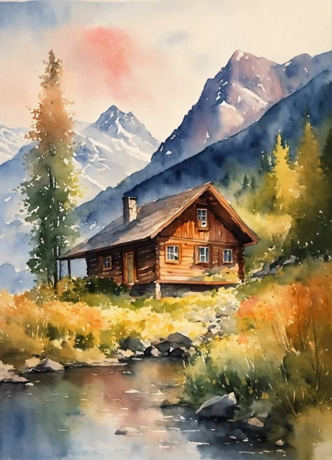 Mountain Cabin Painting, Hd Wallpaper Illustration, Alaska Painting, Switzerland Mountains, Abstract Art Projects, Bull Painting, Watercolor Scenery, Basic Painting, Cabin In The Mountains