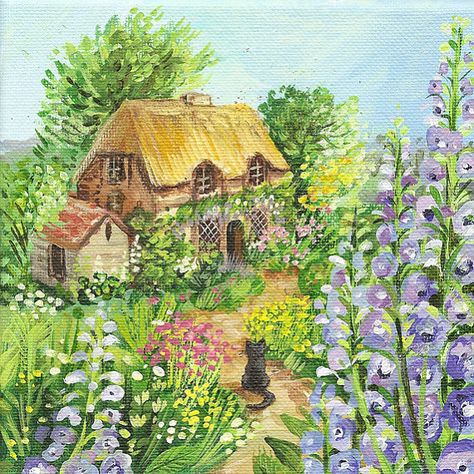 Judith Yates Delphinium Flowers, Library Designs, Picture Tiles, Folk Painting, Cottage Painting, Garden Illustration, Storybook Cottage, Painted Cottage, Botanical Wall Decor