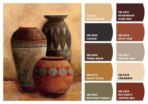 Muted Southwestern Color Palette, Navajo Color Palette, Sherwin Williams Rust Colors, Southwestern Paint Colors, Santa Fe Home Decor, Southwest Color Palette, Tuscan Color Palette, Southwestern Color Palette, Southwest Interior