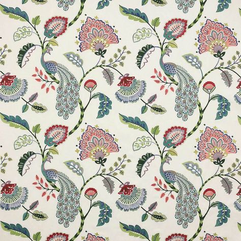 Jaipur Peacock, blue, soft red - Cowtan & Tout Design Library Silky Pattern, Vintage Wallpaper Patterns, Embroidered Peacock, Tulip Art, Block Print Wallpaper, Jane Churchill, Peacock Fabric, Leaf Fabric, Cold Porcelain Flowers