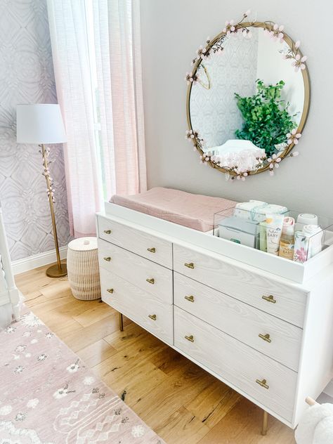 Nursery Mirror Over Changing Table, Nursery Dresser Top, Nursery Lamp Ideas, Baby Girl Changing Table, Nursery Mirror Over Dresser, Nursery End Table, Nursery Dresser Changing Table, Changing Table Girl