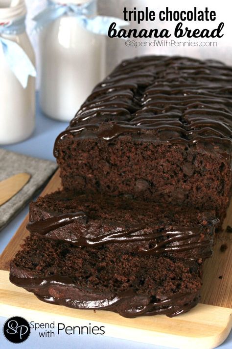 If you love chocolate, you're definitely going to LOVE this Triple Chocolate Banana Bread!  With a triple load of chocolate, it's deliciously decadent and easy to make! Triple Chocolate Banana Bread, Spend With Pennies, Dessert Aux Fruits, Chocolate Banana Bread, Awesome Cakes, Monkey Bread, Triple Chocolate, Dessert Bread, Banana Recipes