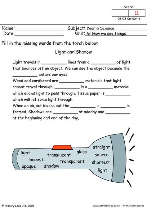 PrimaryLeap.co.uk - Light and shadow Worksheet Shadow Worksheet, Shadow Lessons, Science Light, Fourth Grade Science, Cloze Activity, Light Science, 4th Grade Science, 5th Grade Science, Science Units