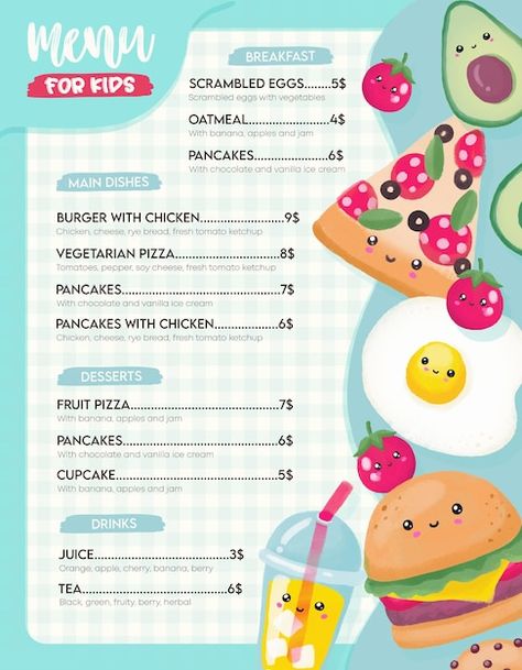 Restaurant Menus Design Ideas, Cartoon Menu Design, Cute Menu Ideas Design, Healthy Food Menu Design, Kids Menu Ideas Restaurants, Cute Menu Ideas, Menu Ideas Design Creative, Zoo Typography, Kids Menu Ideas