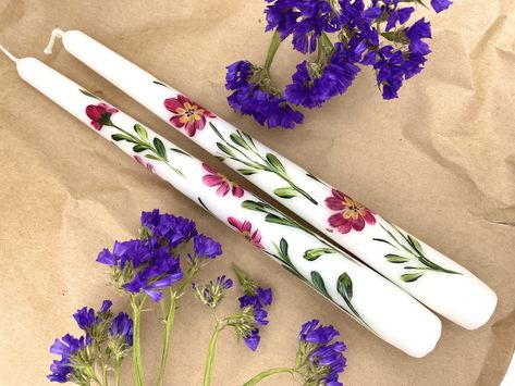 Set of 2 Hand Painted Taper Candles , Floral Taper Candles , Flower Candle, Table Decor by May20candles on Etsy Candle Table Decor, Painted Taper Candles, Candles Handmade, Drum Sticks, Painted Candles, Candle Table, Candle Art, White Plains, Etsy Bridesmaid Gifts