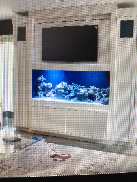 Fish Tank Entertainment Center, Media Wall With Fish Tank, Aquarium Under Tv, Living Aquarium, Room Aquarium, Unique Buildings Architecture, Tv Media Center, Aquarium Cabinet, Lcd Panel Design