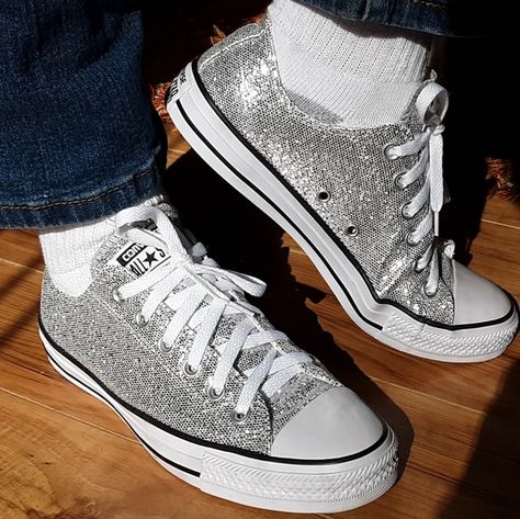 Converse All-Star Chuck Taylor Sneakers Silver Glitter White Trim, Chuck Taylor Sneakers, Converse All Star, Converse Shoes, Silver Glitter, Chuck Taylor, Piping, All Star, Top Sneakers