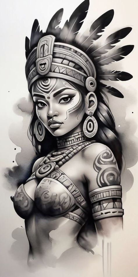 Mayan Woman Tattoo, Aztec Women Tattoo, Woman Warrior Tattoo Design, Conquistador Tattoo, Chicano Back Tattoo, Mayan Art Tattoo, Woman Warrior Tattoo, Warrior Tattoo Design, Aztec Warrior Tattoo