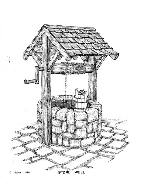 Vintage hand-dug water well with hand crank and water bucket.  "Wishing Well". Landscape Pencil Drawings, Pen Art Drawings, 3d Drawings, Pencil Art Drawings, Water Well, Landscape Drawings, Urban Sketching, Wishing Well, Pen Art