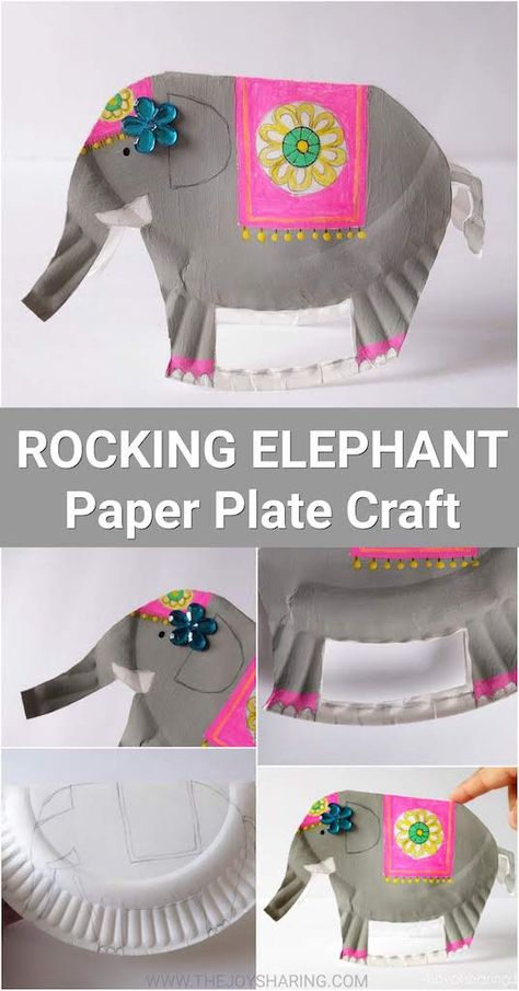 Paper Plate Rocking Elephant Craft For Kids - The Joy of Sharing Craft Elephant, Rocking Elephant, Elephant Craft, Carton Diy, Paper Plate Craft, Elephant Crafts, Paper Plate Crafts For Kids, Travel Crafts, Cute Paper