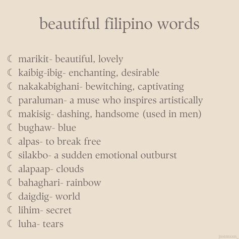 Filipino Phrases Tattoo, Filipino Beautiful Words, Filipino Swear Words, Tagalog Vocabulary Words, Aesthetic Filipino Words, Beautiful Tagalog Words With Meaning, Filipino Words And Meanings, Filipino History Aesthetic, Tagalog To English Words