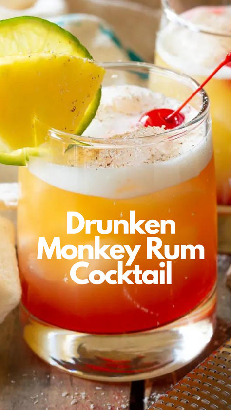 Drunken Monkey Rum Cocktail Rum Drinks With Pineapple Juice, Orange Rum Cocktail, Buttered Monkey Cocktail, Strawberry Rum Drinks Recipes, Bacardi Lemon Drinks Recipes, Manly Cocktail Recipes, Vanilla Rum Cocktail Recipes, Tiki Torch Drink Recipe, Drinks With Spiced Rum Captain Morgan