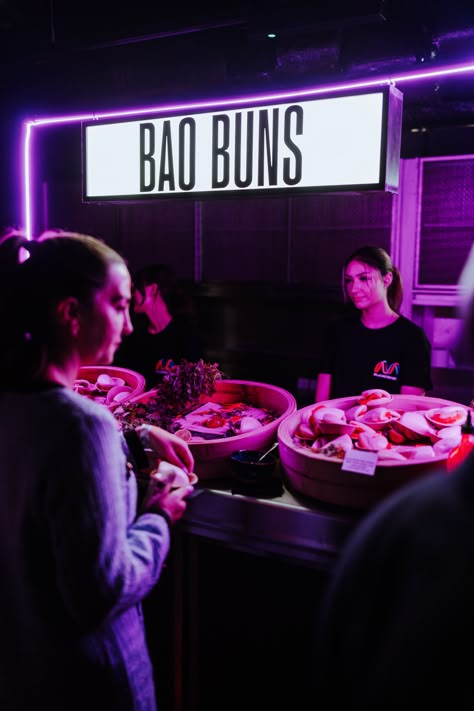 Neon Food Station Menu Design | Plain Jane Events Party Food Station Ideas, Conssion Stand Food, Food Action Stations, Cyberpunk Food Stall, Food Truck Festival Aesthetic, Interactive Food Stations, Event Food Stations, Catering Stations, Merida Wedding