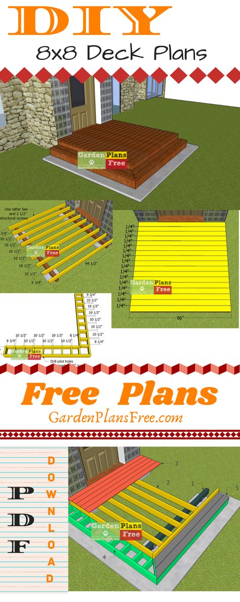 This is a step by step plan on how to build a 8x8 free standing deck. This deck is easy to make and and it features a simple structure with steps on two sides. Full Cut and Shopping lists included! PDF download as well. #deck #deckplans #diydeck 8x8 Deck Plans, Front Entrance Deck, How To Build A Deck, Free Deck Plans, Carpentry Ideas, Freestanding Deck, Ground Level Deck, Deck Building Plans, Building A Floating Deck