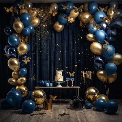 🍨 🍦 🥧 🧁 🍰 🎂 🍮 Starry Starry Night Theme Party, Sky Blue Birthday Decoration, Dark Blue Bday Theme, Blues Party Theme, Navy Blue And Gold Theme Birthday Party, Dark Blue And Gold Birthday Decor, Blue Themed 18th Birthday Party, Blue And Brown Party Decor, Blue Birthday Theme Decorations