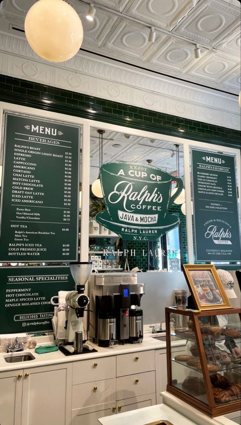 Ralph’s coffee Ralph Lauren Restaurant Chicago, New York Shops Aesthetic, New York City Restaurants Aesthetic, Cafes In New York City, New York City Coffee Shops, Ralph’s Coffee Nyc, Ralphs Coffee Aesthetic, Ralph’s Coffee Aesthetic, Ralph Lauren Coffee Shop