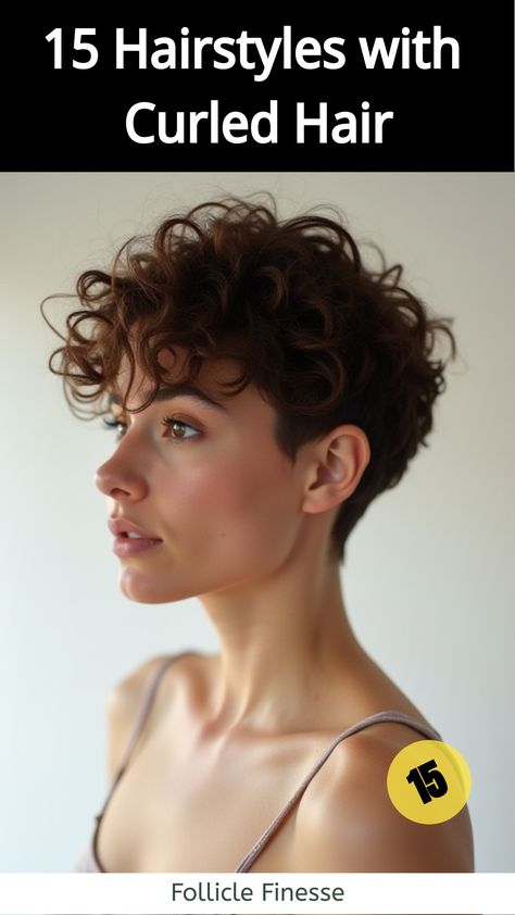 Hairstyles with Curled Hair,Woman with curly pixie cut hairstyle Hairstyles With Curled Hair, 15 Hairstyles, Grey Bob Hairstyles, 90’s Hairstyles, Belle Hairstyle, Second Day Hairstyles, Curled Hair, Curly Bangs, Curly Pixie