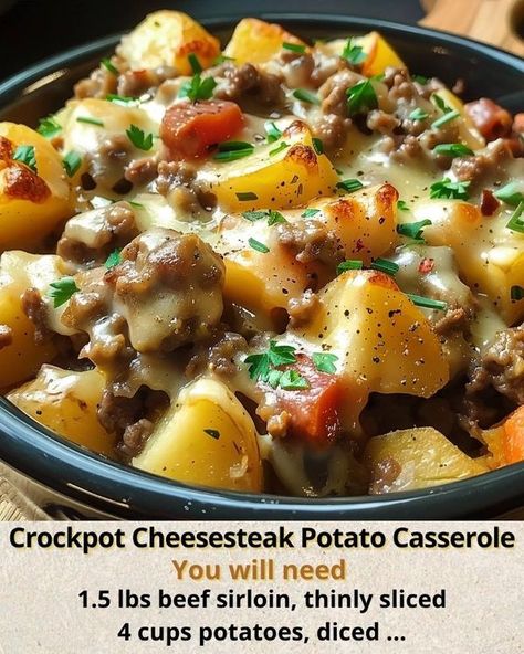 Ashely’s Recipes | Crockpot Cheesesteak Potato Casserole | Facebook Crockpot Cheesesteak, Shaved Steak, Casserole Kitchen, Easy Casserole Dishes, Beef Sirloin, Beef Casserole Recipes, Diced Potatoes, Beef Casserole, Crockpot Recipes Slow Cooker