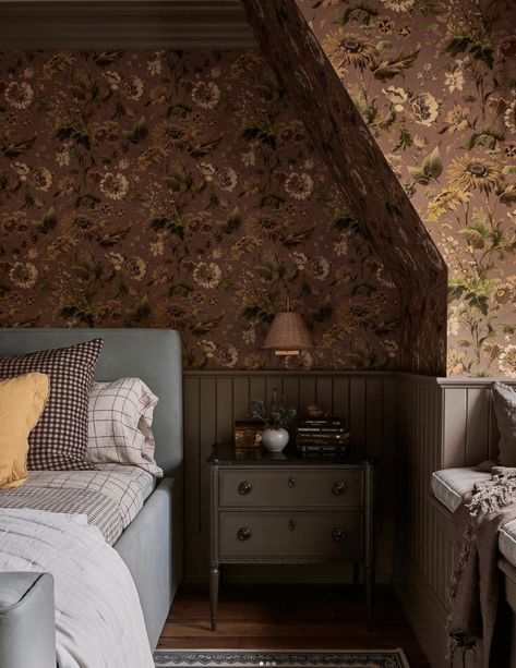 Ashley Montgomery Design, Ashley Montgomery, Half Wall Ideas, Gothic Bedroom Ideas, Moody Wallpaper, Gothic Bedroom, Farmhouse Style Bedrooms, Moody Bedroom, Dark Bedroom