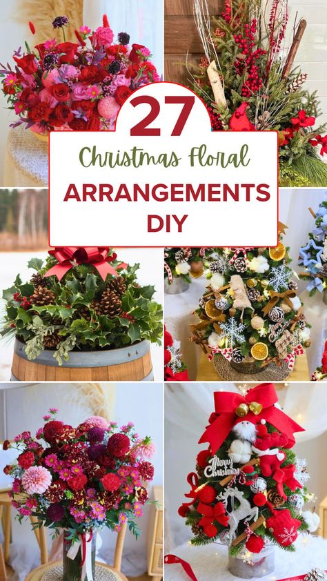 A vibrant Christmas floral arrangement with red poinsettias, green pine branches, white roses, and pine cones arranged in a rustic vase, adorned with holiday-themed accents like gold ribbons and miniature ornaments, set against a cozy background with holiday lights. Outdoor Christmas Floral Arrangements Diy, Holiday Arrangements Winter, Indoor Christmas Floral Arrangements, Artificial Christmas Flower Arrangements, Dry Flower Christmas Decor, Poinsettia Floral Arrangements, Large Christmas Flower Arrangements, Christmas Fresh Floral Arrangements, Poinsettia Arrangements Christmas