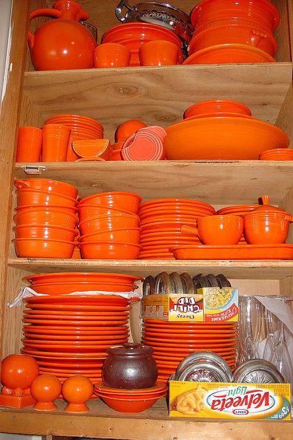 Collection of early 70's Orange kitchen & serve-ware, including "Melamine" & Tupperware (plastics), Fiesta Ware, & painted glass. Pink Dishware, Orange Inspiration, Fiesta Kitchen, Orange Power, Early Grey, Orange Food, Fiesta Dinnerware, Orange Kitchen, Orange House