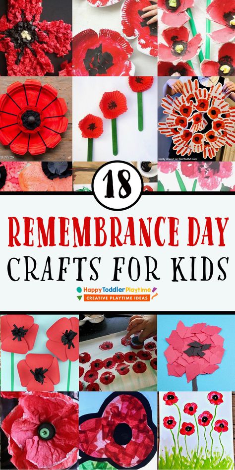 18 Easy Remembrance Day Poppy Crafts - HAPPY TODDLER PLAYTIME Poppy Activities For Toddlers, Anzac Day Craft, Remembrance Day Crafts, Poppy Crafts, Poppy Craft For Kids, Memorial Day Poppies, Veterans Day Poppy, Beaver Scouts, Remembrance Day Activities