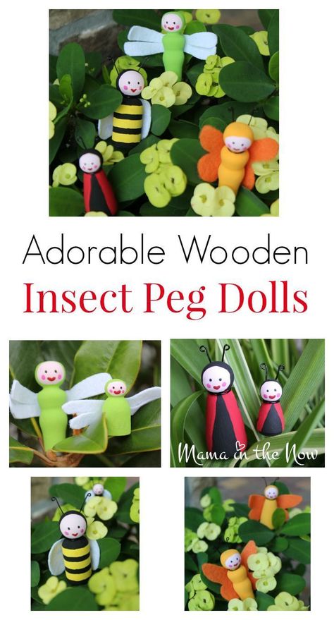 How to make the most adorable wooden insect bug peg dolls. Great bug and insect craft for kids of all ages. Butterfly, dragon fly, bumble bee, and a lady bug! Making Minatures, Homemade Diy Gifts, Insect Craft, Fine Motor Play, Insect Crafts, Nature Paper, Nursery Garden, Butterfly Dragon, Waldorf Crafts