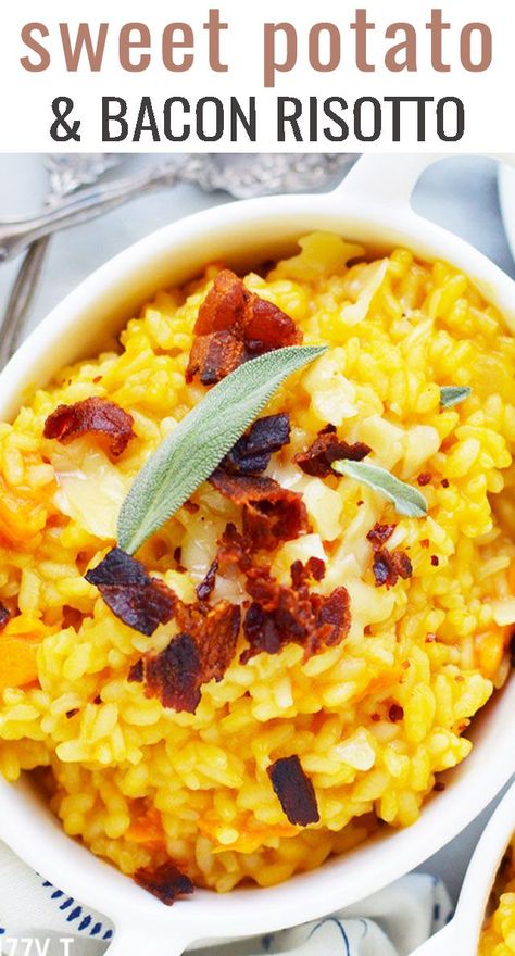 Sweet potatoes add a touch of sweetness to this creamy risotto recipe. Top the sweet potato risotto with fresh sage, parmesan and crispy bacon. #sweetpotato #risotto #bacon #rice via @tastesoflizzyt Potato Risotto, Sweet Potato Risotto, Bacon Rice, Cheese Shrimp, Bacon Risotto, Creamy Risotto, Squash Risotto, Butternut Squash Risotto, Fresh Sage