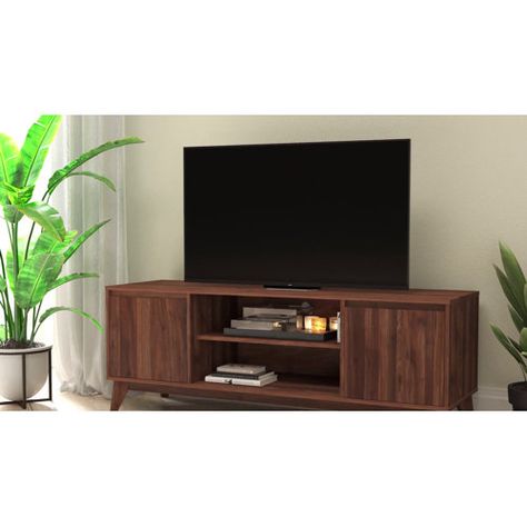 Wade Logan® Mid-Century Modern TV Stand for up to 65 inch TV's & Reviews | Wayfair Dark Living Room Furniture, Displaying Family Photos, Dark Living Room, Home Deck, Wood Tv Stand, Dream Furniture, Wood Tv, Cord Management, Modern Tv Stand