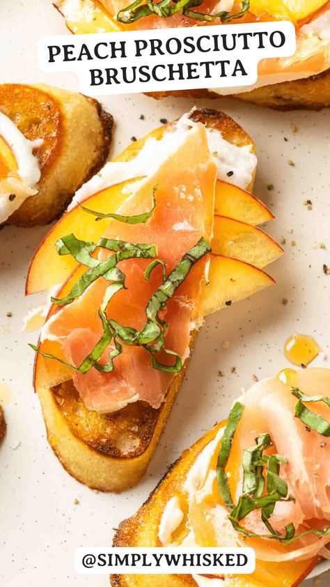 Don't miss out of this summer's best appetizer! This prosciutto bruschetta features the best that summer has to offer - crisp, toasted baguette slices topped with whipped dairy free feta, juicy peaches, salty prosciutto and fresh basil, drizzled with hot honey. Prosciutto Bruschetta, Toasted Baguette Slices, Peach Prosciutto, Prosciutto Appetizer, Baguette Slices, Toasted Baguette, Best Appetizer, Food Appetizers, Sliced Baguette