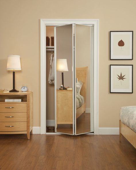 Mirrored Bifold Closet Doors Tips To Buying Closet Doors Check more at http://www.wearefound.com/tips-to-buying-closet-doors/ Mirrored Bifold Closet Doors, Dold Dörr, Closet Door Alternative, Curtains For Closet Doors, Old Closet Doors, Folding Closet Doors, Closet Mirror, Bedroom Closet Doors, Glass Closet Doors