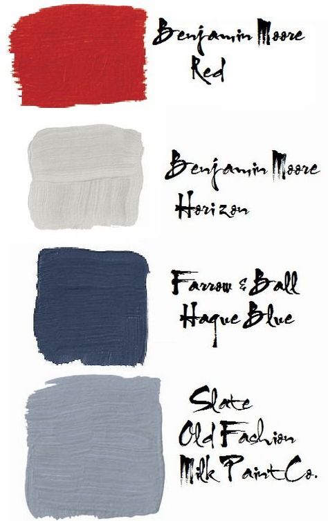 Blog post with great RED WHITE & BLUE decor inspiration - great color scheme for baxters room - love the blues and natural color especially! Benjamin Moore Horizon, Farrow Bal, Red Living, Red Couch, Living Room Red, Bedroom Red, Trendy Living Rooms, Room Paint Colors, Room Color Schemes