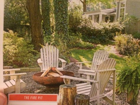 Under tree.  Southern Living Small Garden Design Fire Pit, Adirondack Chairs Fire Pit Seating Areas, Adirondack Fire Pit, Adirondack Chair Patio Ideas, Pea Stone Fire Pit Area, Small Patio Area Ideas, English Garden Fire Pit, Adirondack Chairs Patio Ideas, Adirondack Backyard