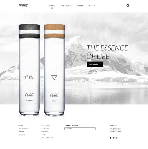 PURO Premium Water [concept] by Odysseas GP, via Behance Water Concept, Premium Water Bottle, Water Bottle Label Design, Small Business Web Design, Branded Water Bottle, Bottle Designs, Water Packaging, Bottle Design Packaging, Splash Photography